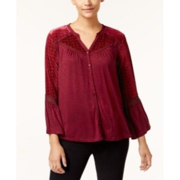 Style & Co Petite Velvet-Trim Blouse, Scarlet Wine, Sz. PM - Picture 2 of 11